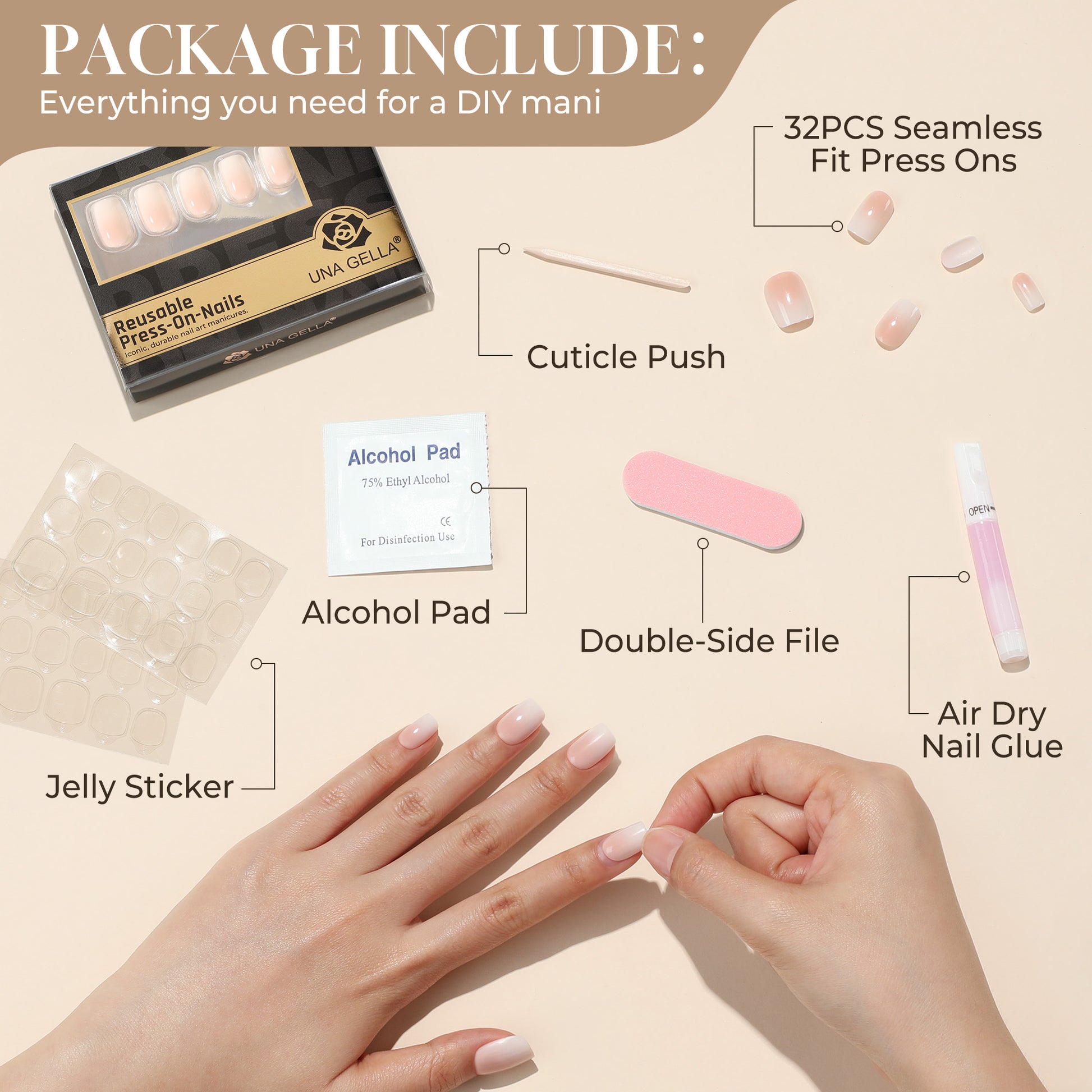 UNA GELLA squoval soft gel press-on nails in nude cream ombre, 32-piece set featuring reusable short square nail design.