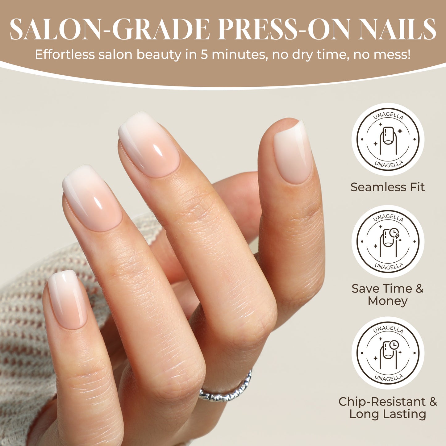 UNA GELLASquoval-Soft Ombre Press-On Nails in Nude Cream, 32-piece set, showcasing reusable short square gel nail design.