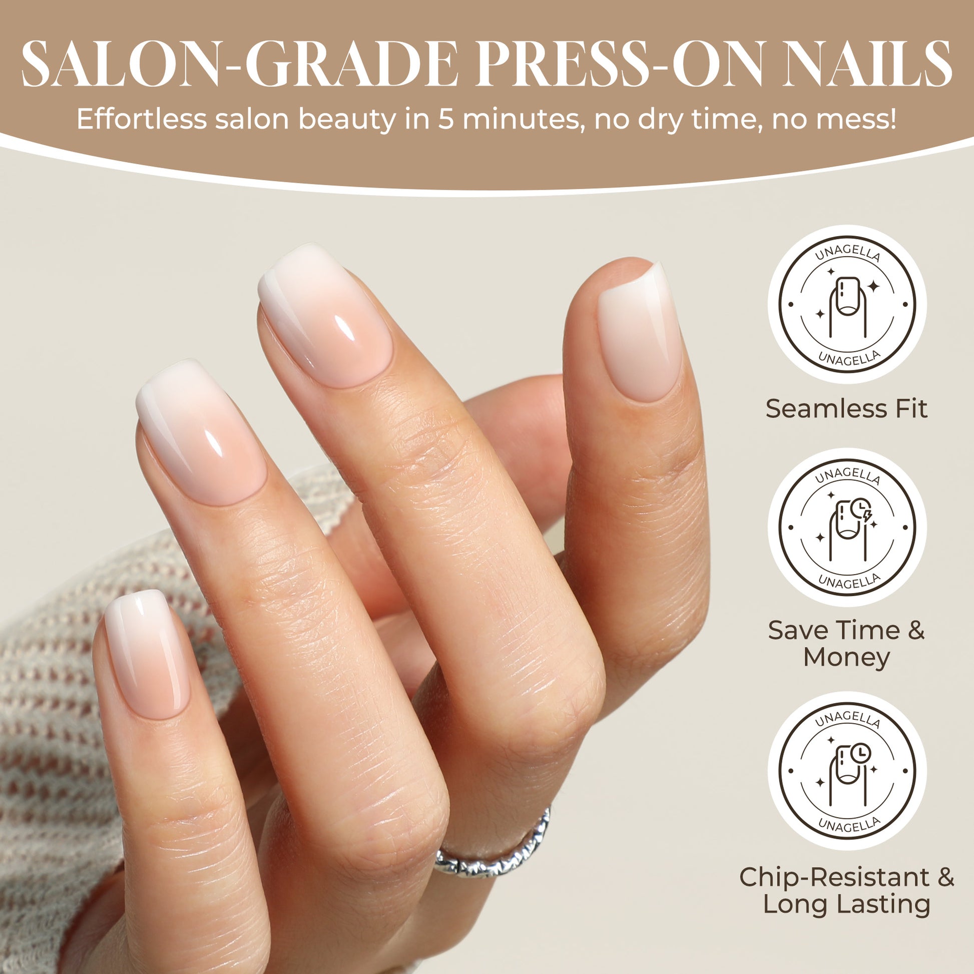 UNA GELLASquoval-Soft Ombre Press-On Nails in Nude Cream, 32-piece set, showcasing reusable short square gel nail design.