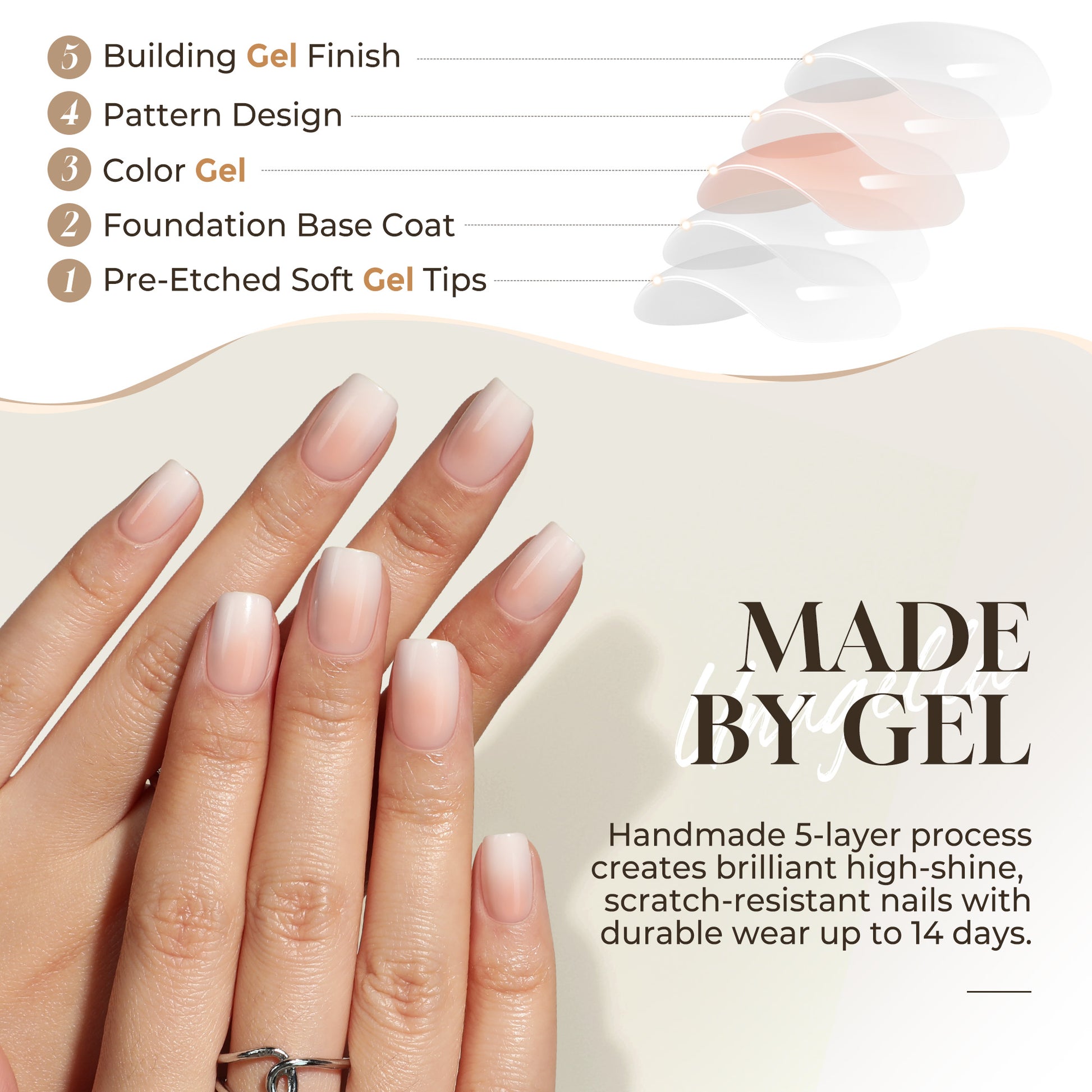 Set of 32 nude cream ombre short squoval press-on nails by UNA GELLA, showcasing soft gel finish and reusable design.
