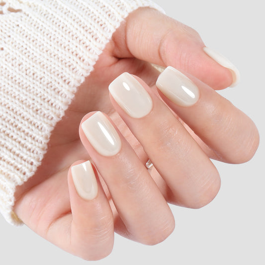 UNA GELLA short chrome white press-on nails in squoval shape, 32-piece set with 16 sizes, reusable soft gel for easy application