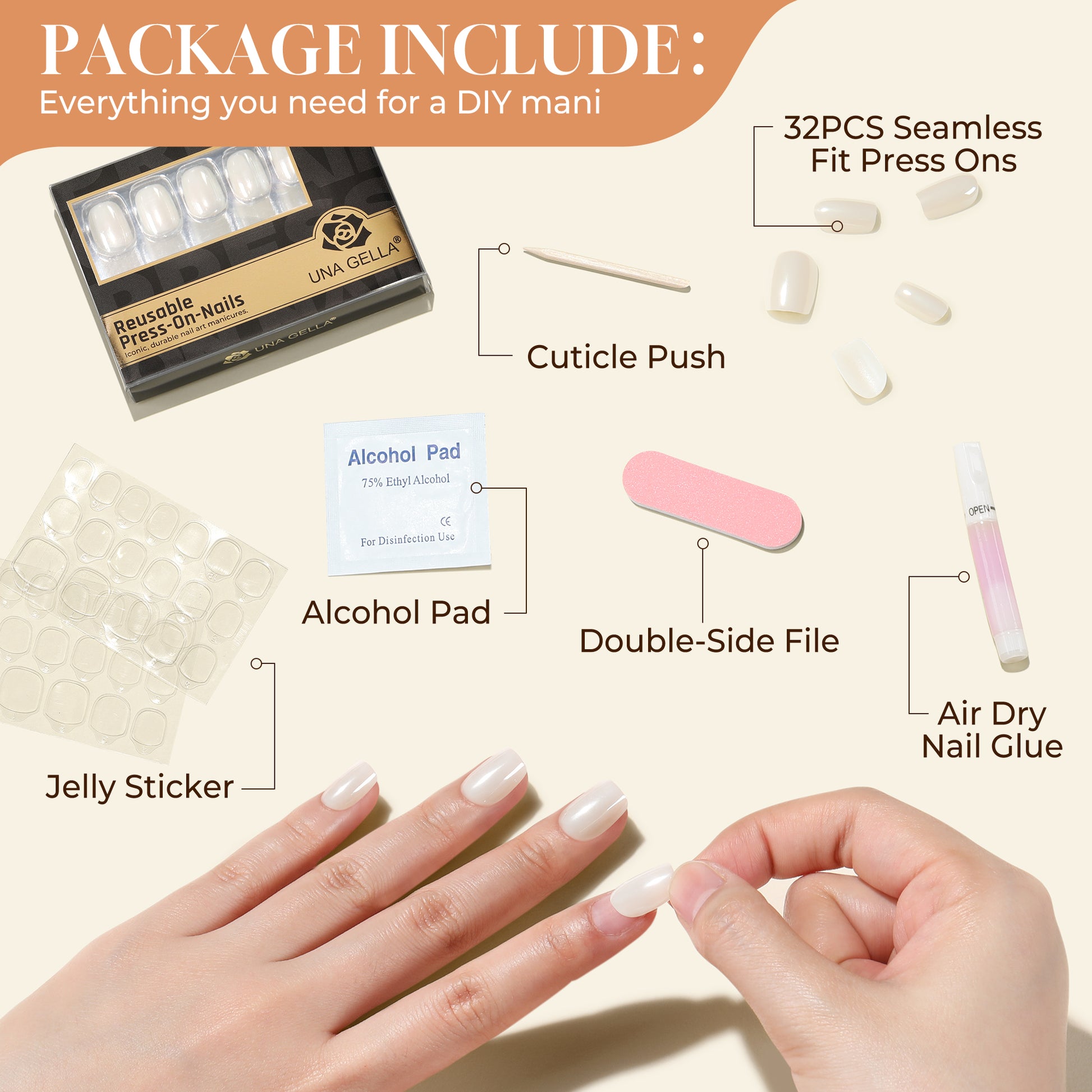 UNA GELLA short chrome white press-on nails, squoval-soft shape, 32-piece set with 16 sizes, reusable soft gel nail tips.