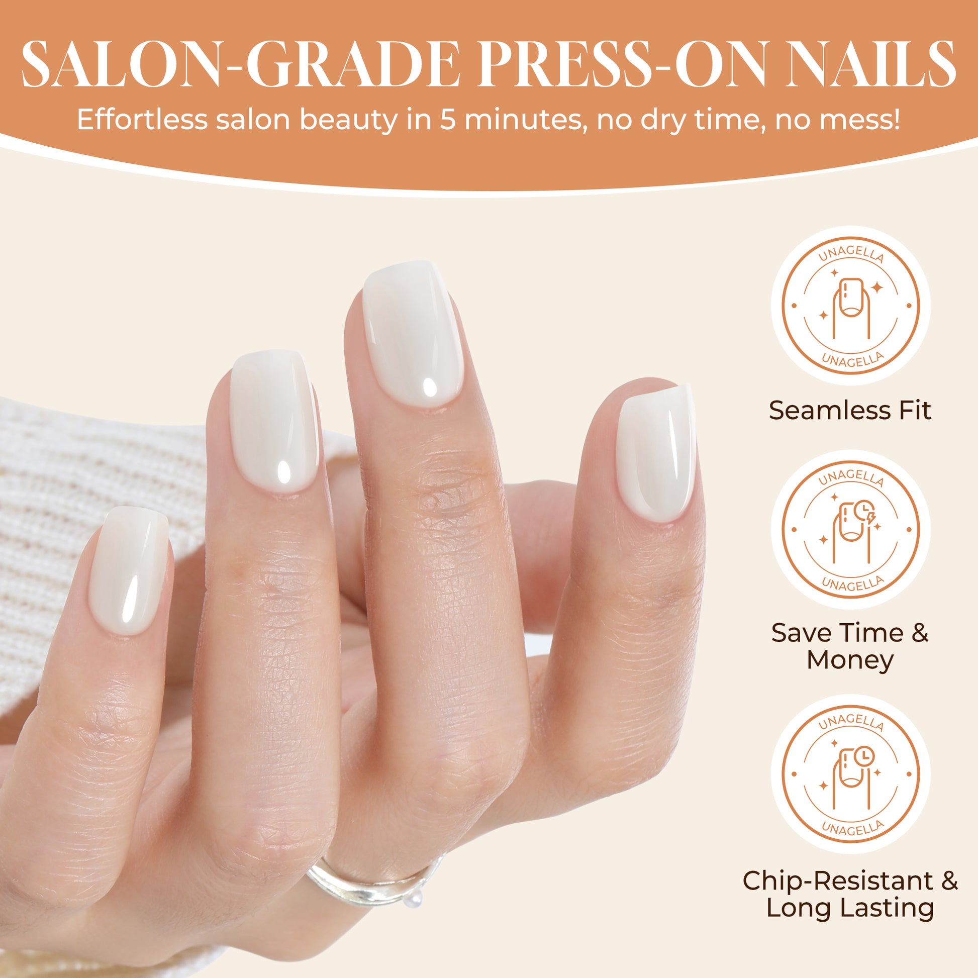 Set of 32 UNA GELLA short squoval chrome white press-on nails in 16 sizes, reusable soft gel, perfect for easy manicures.