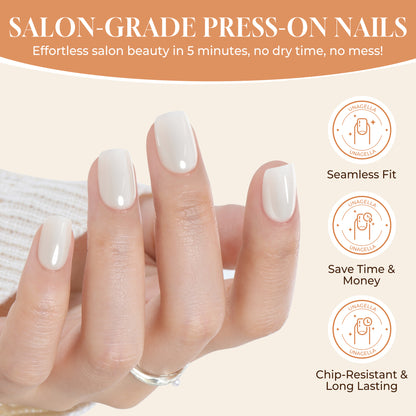 Set of 32 UNA GELLA short squoval chrome white press-on nails in 16 sizes, reusable soft gel, perfect for easy manicures.