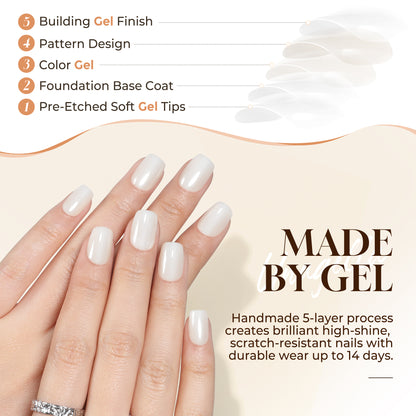 UNA GELLA short chrome white press-on nails in squoval shape, reusable soft gel set with 32 pieces and 16 sizes.