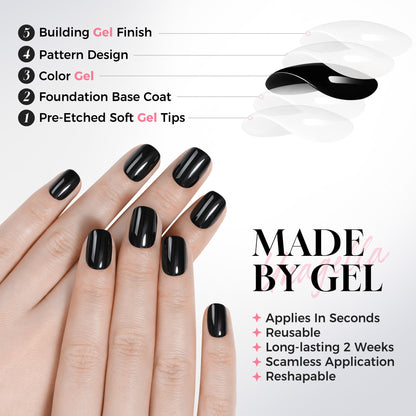 Short round black press-on nails by UNA GELLA, soft gel, 32 pieces in 16 sizes, perfect for DIY nail art and squoval-soft style.