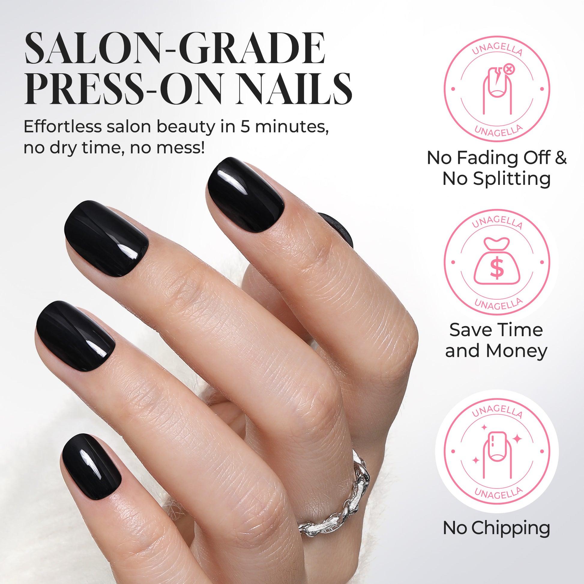 Short round black press-on nails by UNA GELLA, soft gel finish, 32 pieces in 16 sizes for DIY nail art and styling.