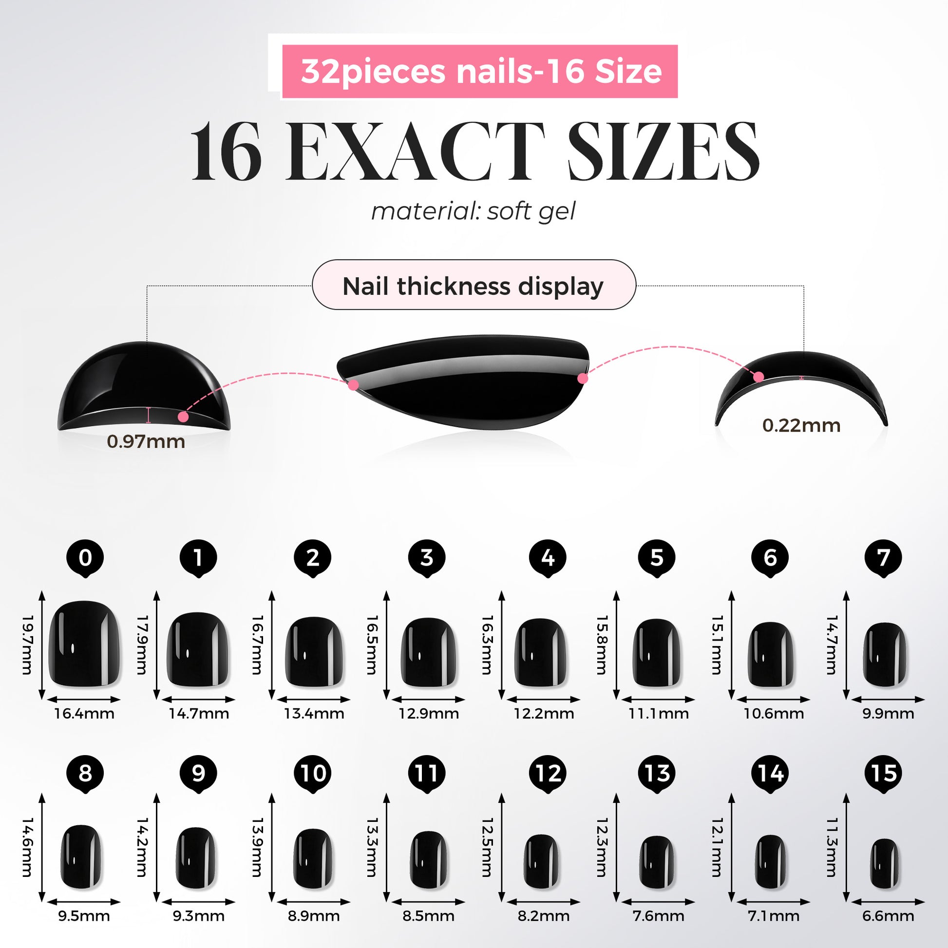 Short round black press-on nails by UNA GELLA, soft gel, 32 pieces in 16 sizes, perfect for DIY nail art and squoval style.