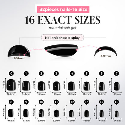 Short round black press-on nails by UNA GELLA, soft gel, 32 pieces in 16 sizes, perfect for DIY nail art and squoval style.
