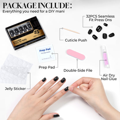 Short round black press-on nails by UNA GELLA, soft gel, 32 pieces with 16 sizes, ideal for DIY nail art and quick manicures.