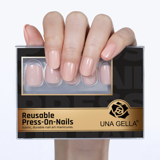 UNA GELLA short round press-on nails set with 32 nude pink soft gel nails in 16 sizes, reusable squoval-soft style.