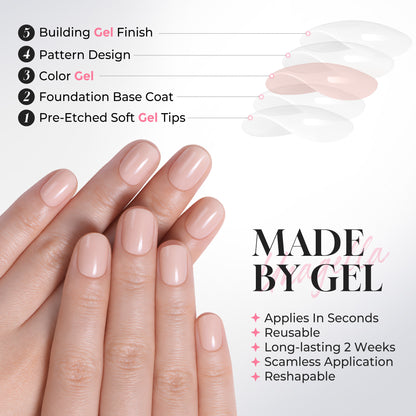 UNA GELLA short round press-on nails set with nude pink soft gel, 32 reusable pieces in 16 sizes, featuring squoval-soft shape.