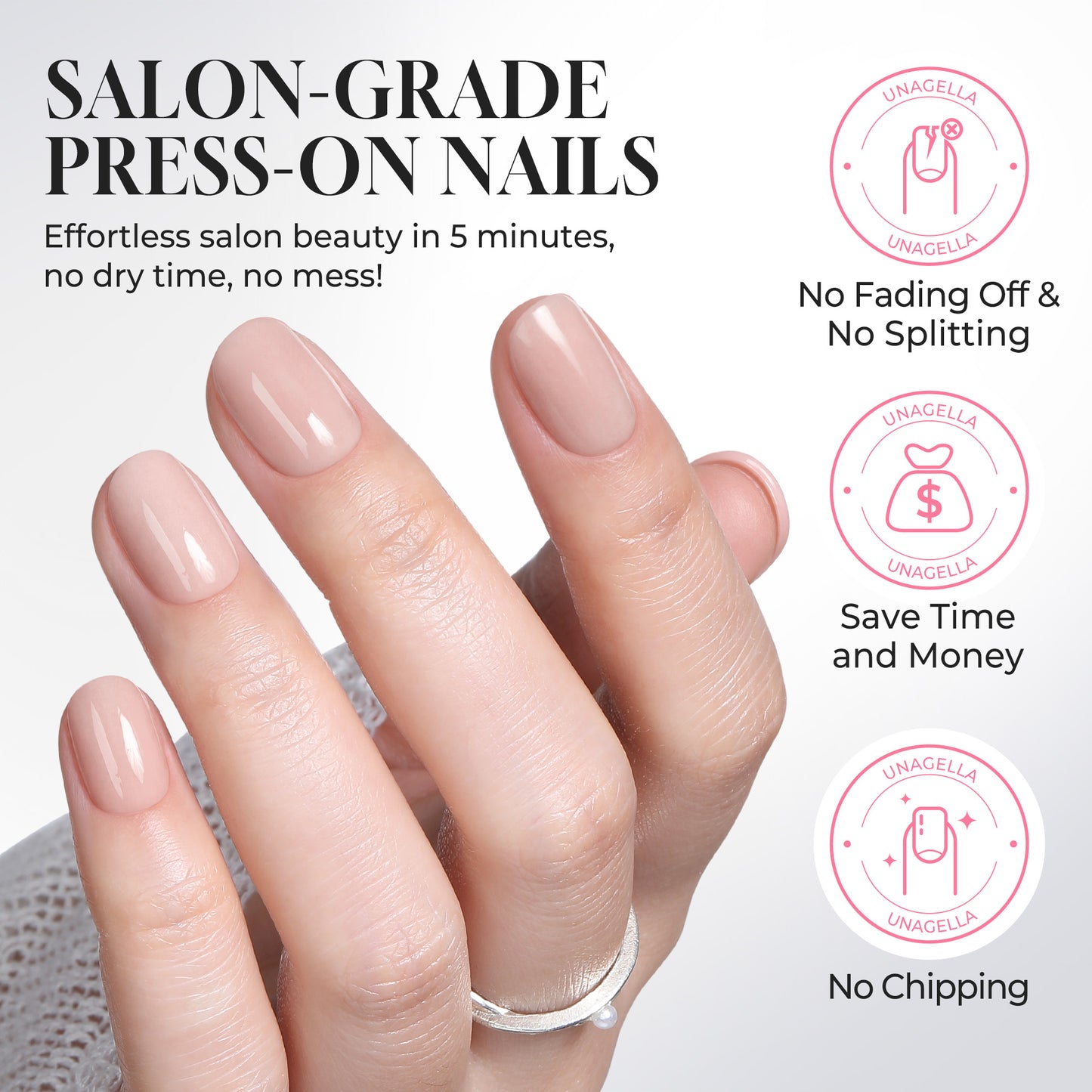 UNA GELLA short round press-on nails in nude pink, soft gel finish, 16 sizes, reusable squoval-soft style, 32-piece set