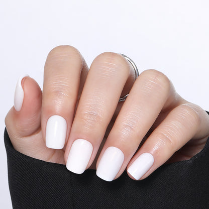 UNA GELLA Soft Gel Press-On Nails in short square shape, white, 32-piece reusable set with 16 sizes for easy salon-grade DIY application.