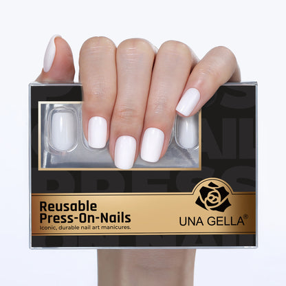 Set of 32 reusable UNA GELLA soft gel press-on nails in short squoval shape, white, with 16 sizes for salon-grade DIY manicures.