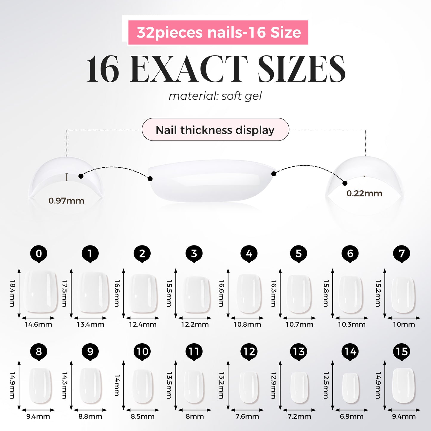 UNA GELLA soft gel press-on nails in short square shape, 32-piece DIY kit with 16 sizes, reusable salon-grade Squoval-Soft nails