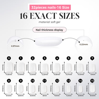 UNA GELLA soft gel press-on nails in short square shape, 32-piece DIY kit with 16 sizes, reusable salon-grade Squoval-Soft nails