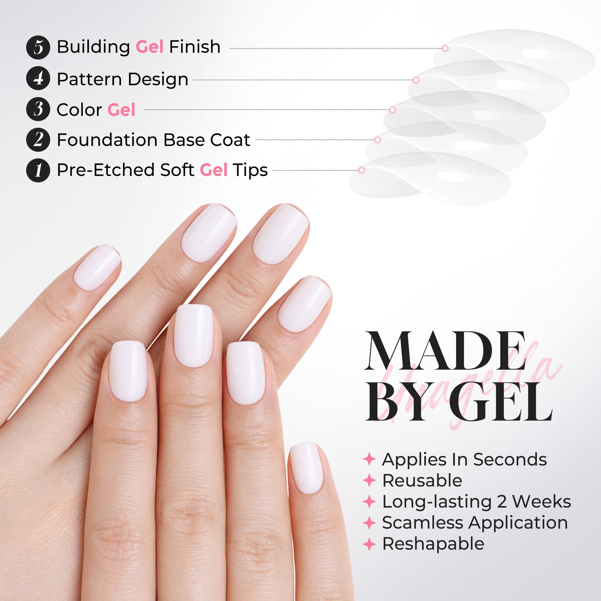 UNA GELLA soft gel press-on nails in short square shape, 32-piece set with 16 sizes, reusable, salon-grade DIY kit.