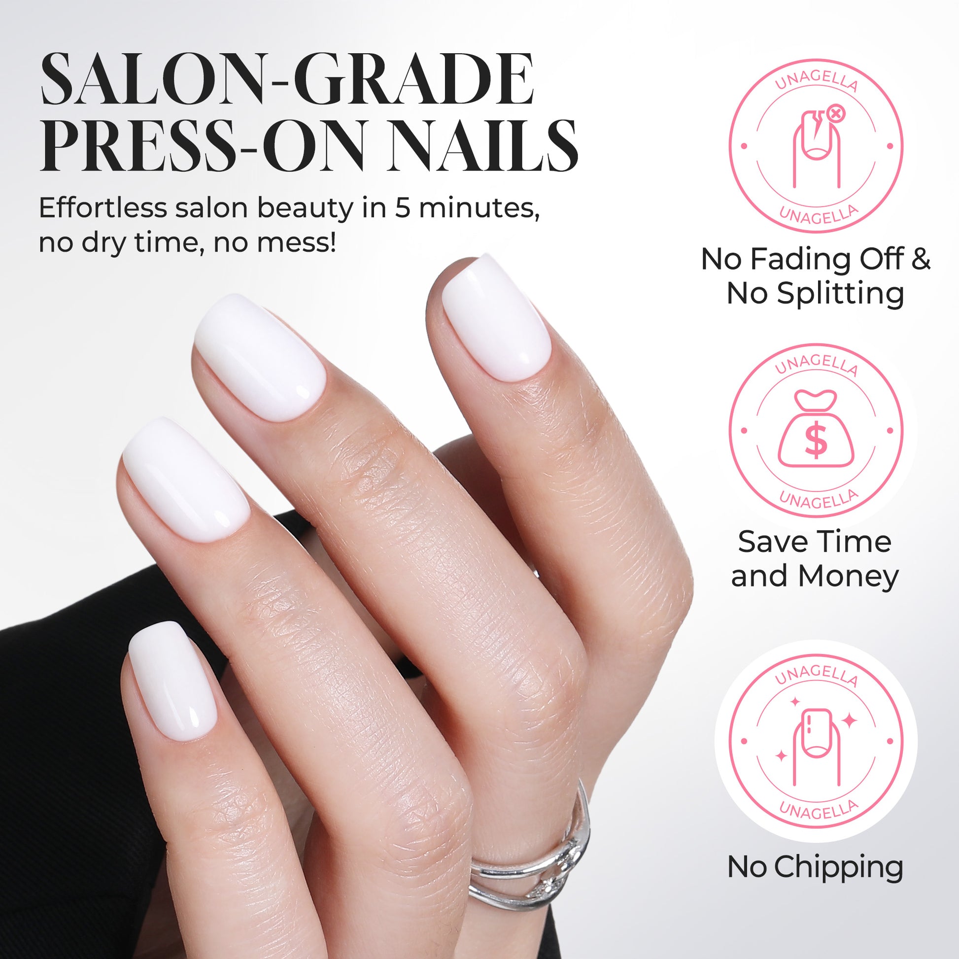 UNA GELLA soft gel press-on nails in short square shape, 32-piece set with 16 sizes for reusable DIY salon-quality manicures.