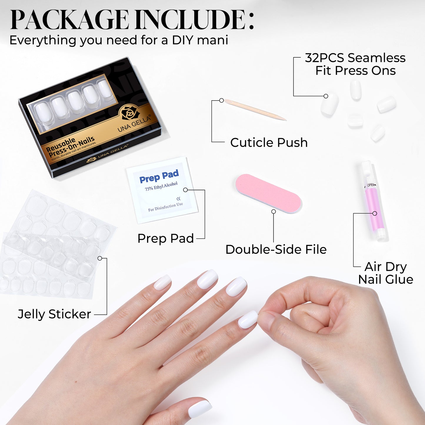 UNA GELLA soft gel press-on nails in short squoval shape, white, 32-piece reusable set with 16 sizes for salon or DIY use.