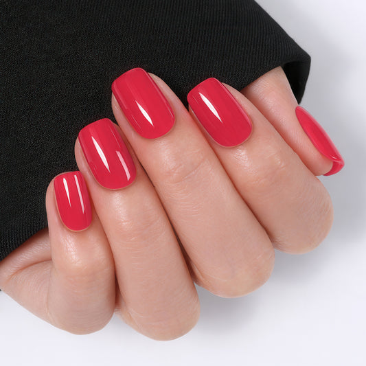 UNA GELLA red short square press-on nails with 16 sizes, reusable soft gel fake nails in a DIY nail design style.