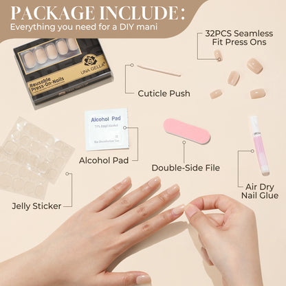 UNA GELLA Nude Short Squoval Soft Press-On Nails, 32-piece reusable fake nails with a natural, short square tip design.