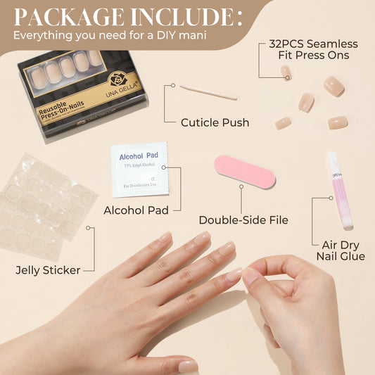 UNA GELLA Nude Short Squoval Soft Press-On Nails, 32-piece reusable fake nails with a natural, short square tip design.
