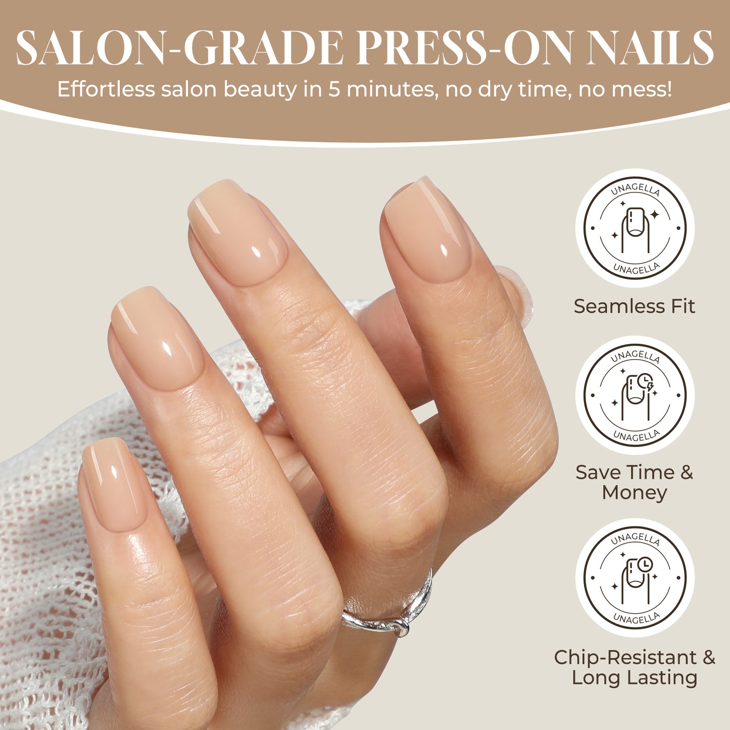 UNA GELLA nude squoval soft gel press-on nails, 32-piece reusable short square tips for natural-looking fake nails.