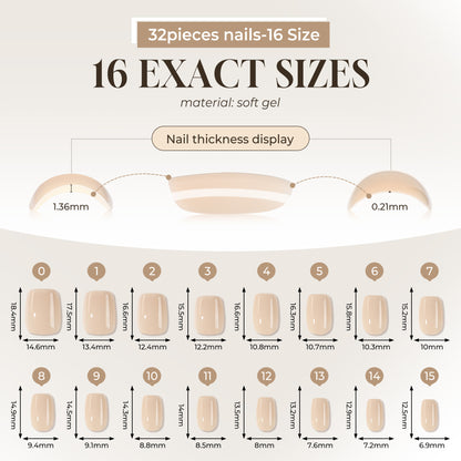 UNA GELLA nude short squoval soft gel press-on nails, reusable fake nails in 32-piece set displayed on a white background.