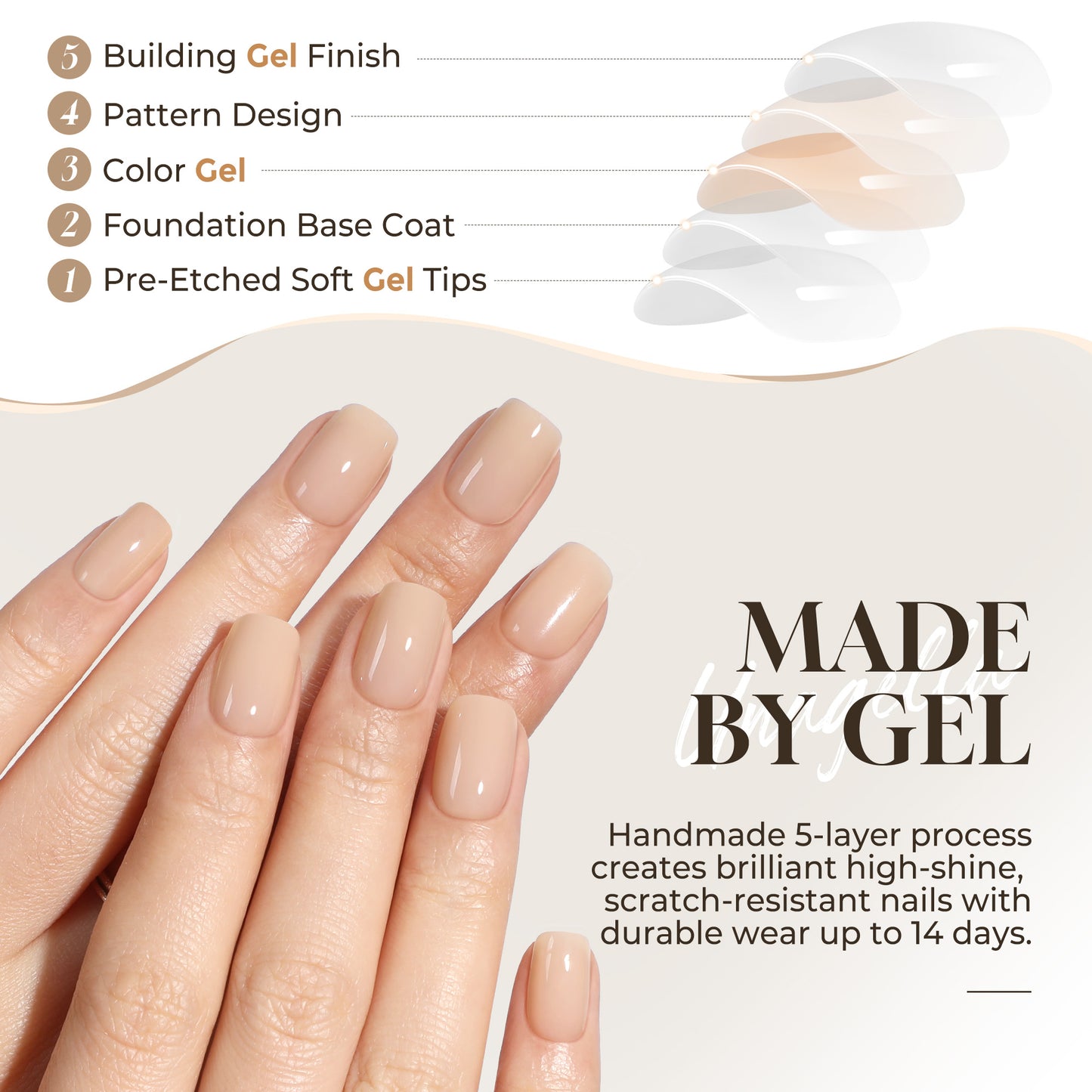 UNA GELLA nude short squoval soft gel press-on nails, reusable fake nails, 32-piece set with natural square tips