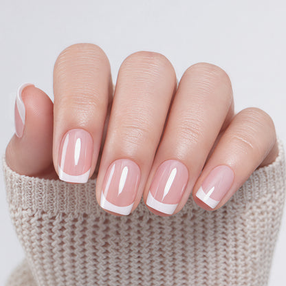 UNA GELLA Silver Mirror French Press On Nails with short squoval-square shape, 32-piece set for DIY nail art design.