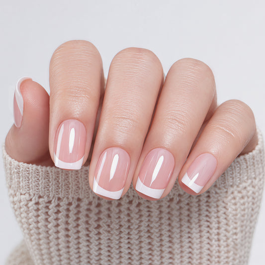 UNA GELLA Silver Mirror French Press On Nails with short squoval-square shape, 32-piece set for DIY nail art design.