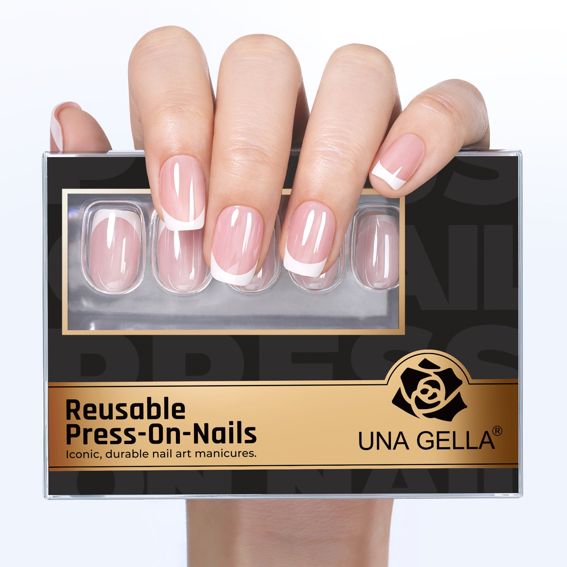 UNA GELLA Silver Mirror French Press On Nails in short squoval shape, 32-piece set for DIY nail art design.