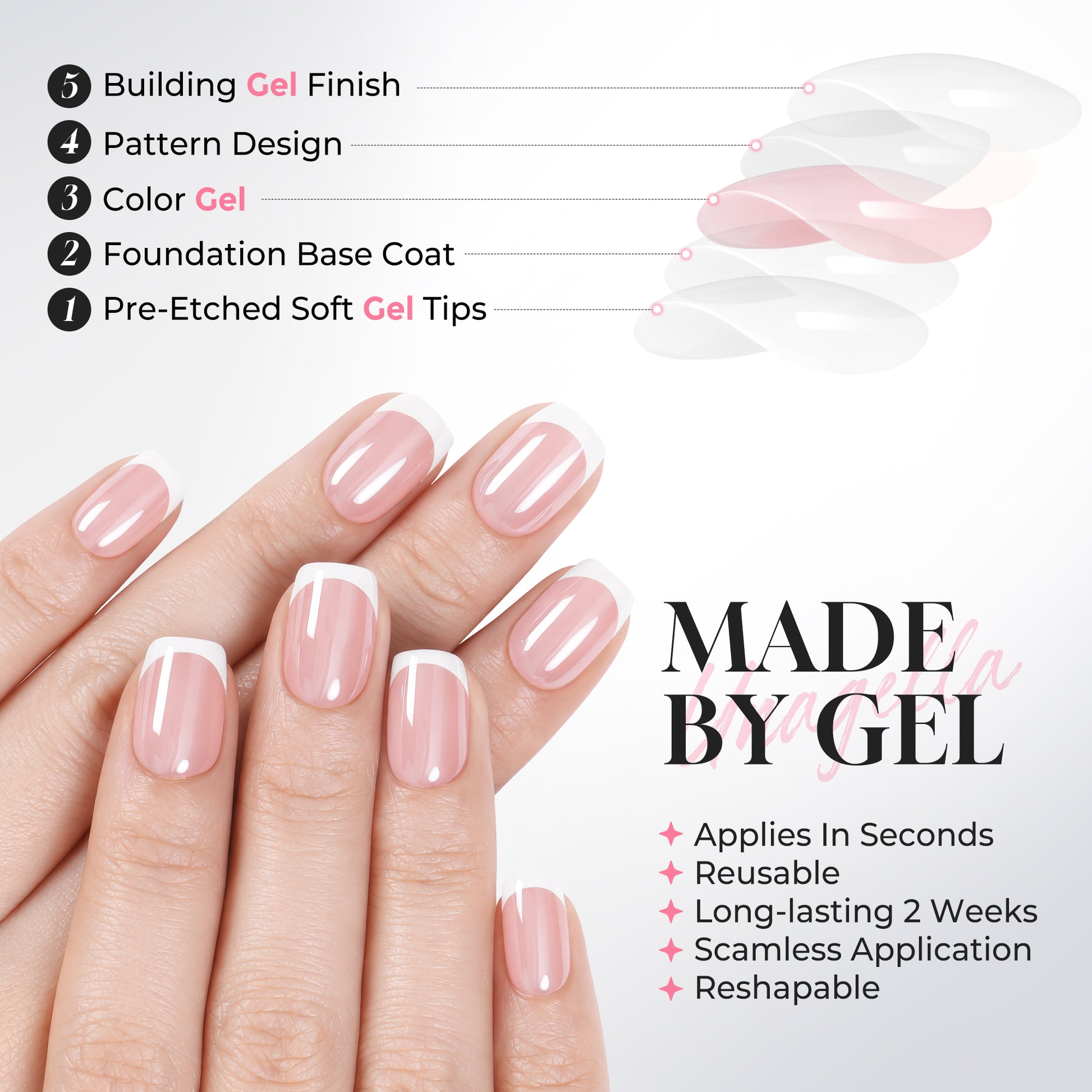 UNA GELLASilver Mirror French Press On Nails, short squoval-soft square design, 32-piece set for DIY nail art.