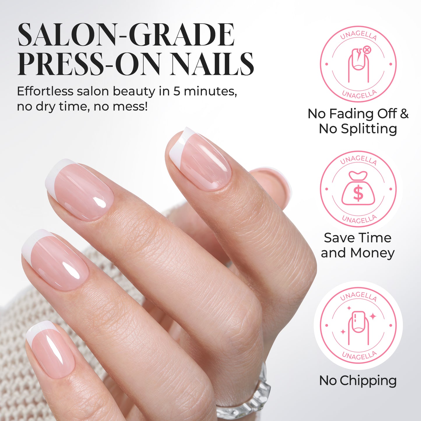 UNA GELLA Silver Mirror French Press On Nails, short squoval-soft square design, 32-piece set for DIY nail art.