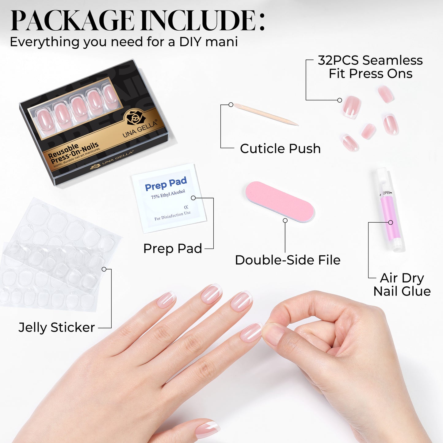UNA GELLA Silver Mirror French Press On Nails in short squoval shape, 32-piece set for DIY nail art design.