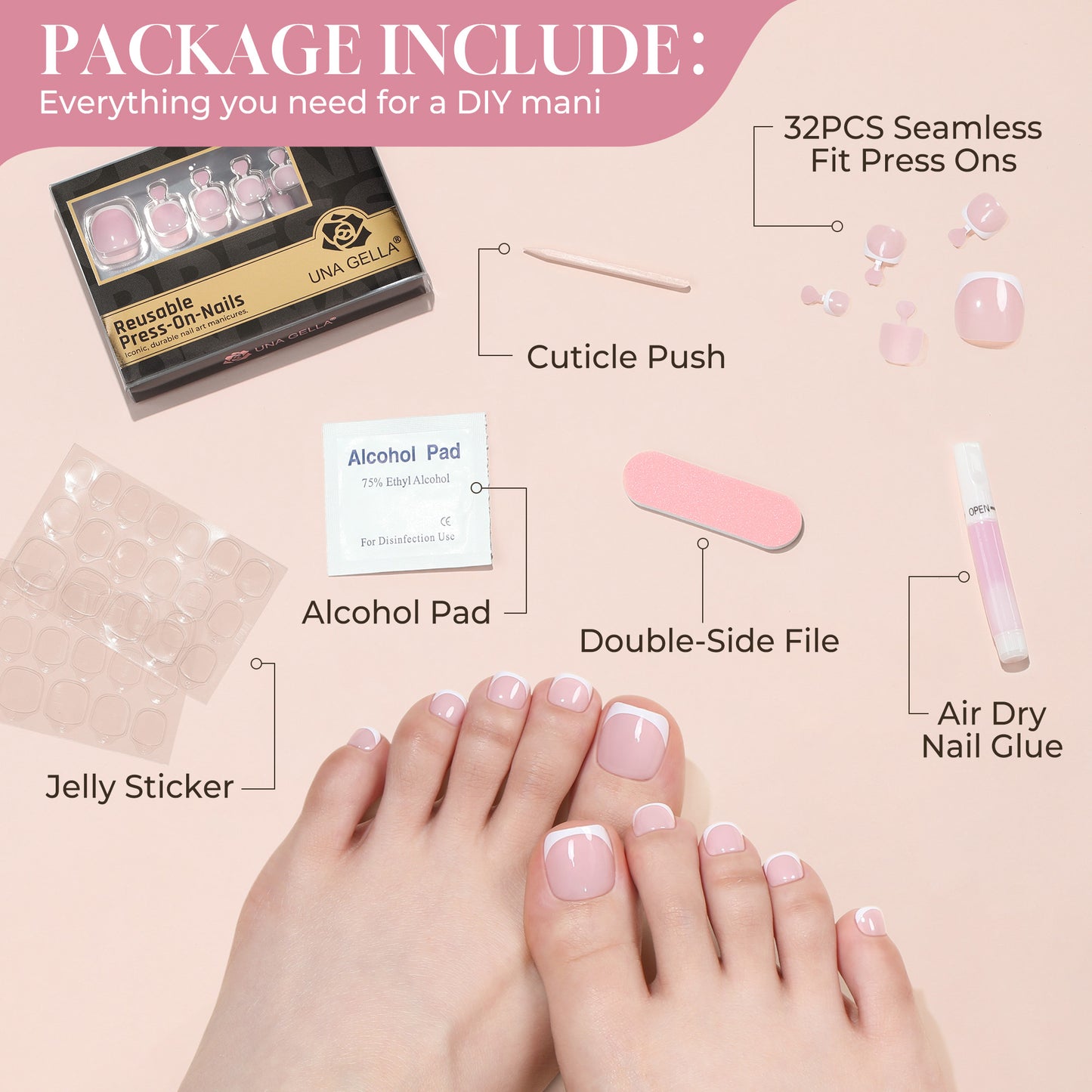 Reusable UNA GELLA soft gel press-on toenails kit with pink French squoval shape, 16 sizes for a natural look
