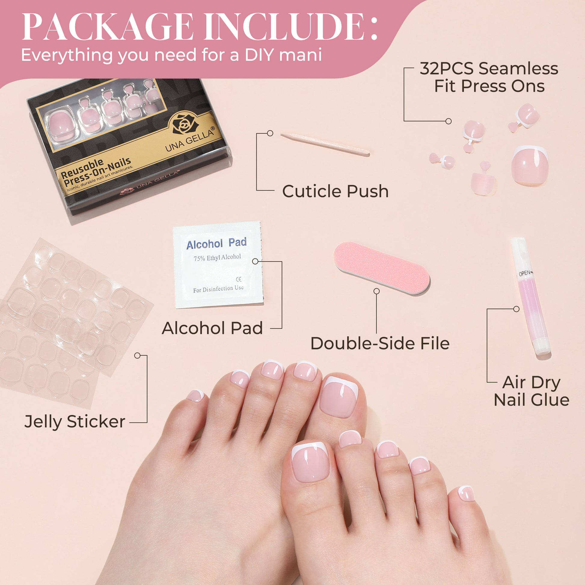 Reusable UNA GELLA soft gel press-on toenails kit with pink French squoval shape, 16 sizes for a natural look
