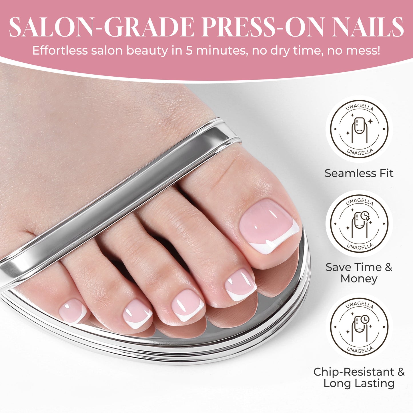 UNA GELLA soft gel press-on toenails kit with pink French square design, includes 16 reusable sizes for a natural look.