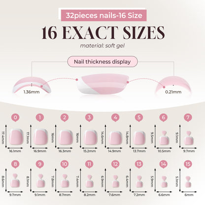 Reusable UNA Gella squoval-soft gel press-on toenails kit with pink French design in 16 sizes, showing the nail set on a white background.