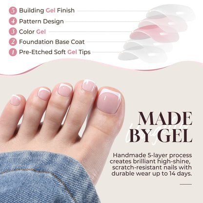UNA GELLA soft gel press-on toenails in pink French square shape, reusable kit with 16 sizes, perfect for easy pedicures.