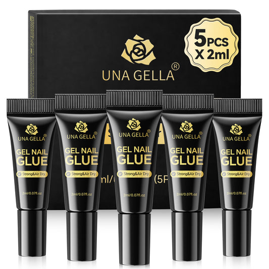 UNA GELLA Ultra-Strong Nail Adhesive 5-pack, 2ml each, quick-drying gel nail glue for long-lasting, durable nail application.
