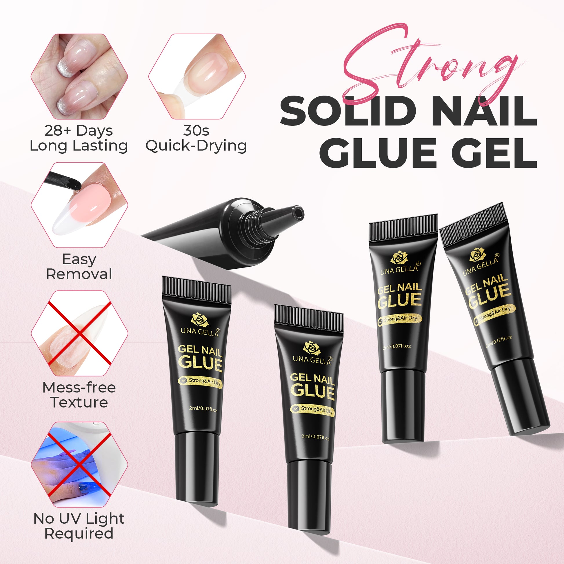 UNA GELLA ultra-strong gel nail glue 5-pack with 2ml tubes, quick-drying, long-lasting nail adhesive for professional nail applications.