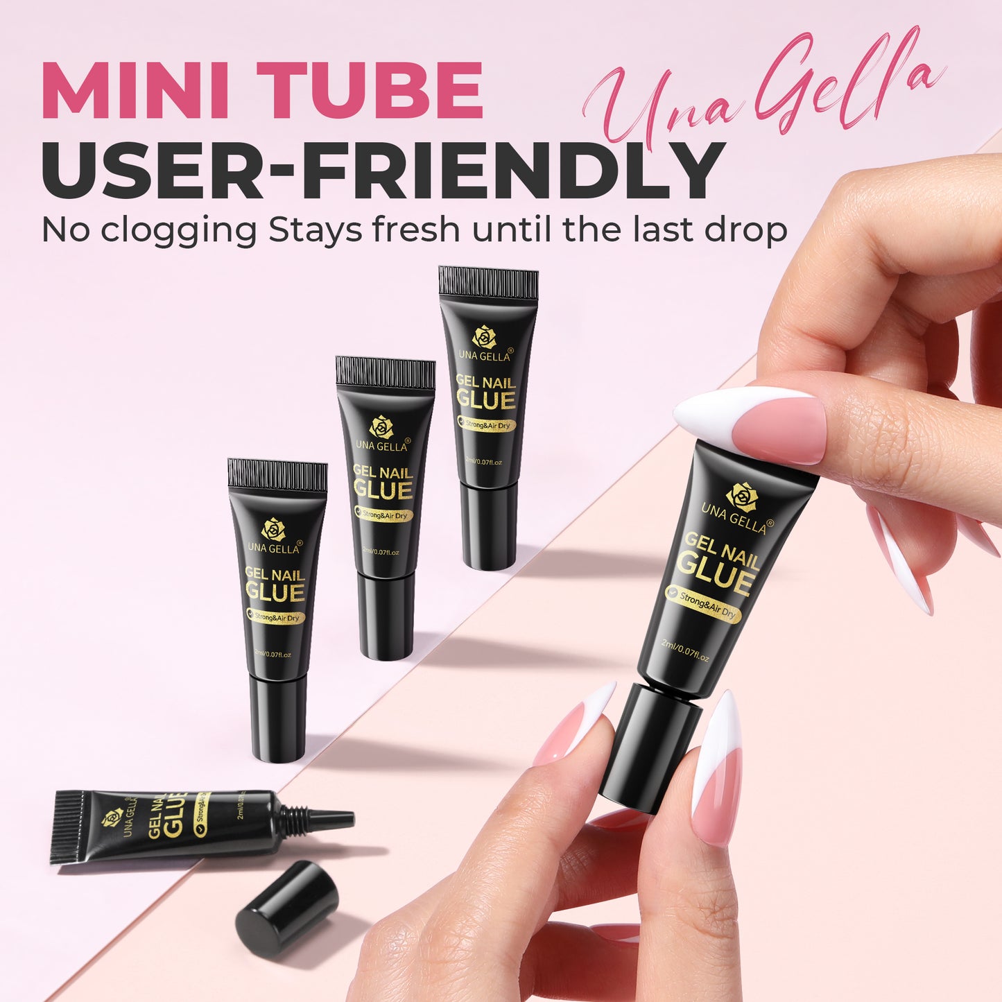 UNA GELLA Ultra-Strong Nail Adhesive 5-pack, 2ml bottles, quick-drying gel nail glue for long-lasting nail enhancements.