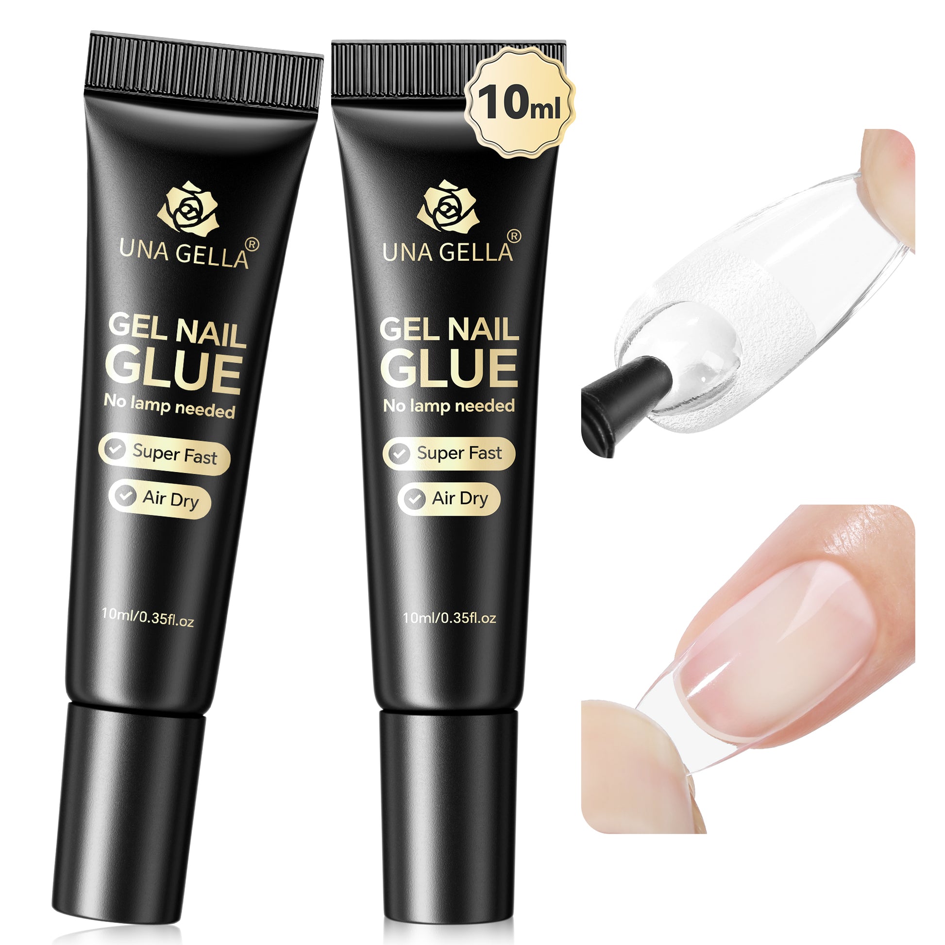 UNA GELLA ultra-strong nail adhesive gel in 10ml bottles, shown as a semi-solid nail glue for fast, secure press-on nail application.