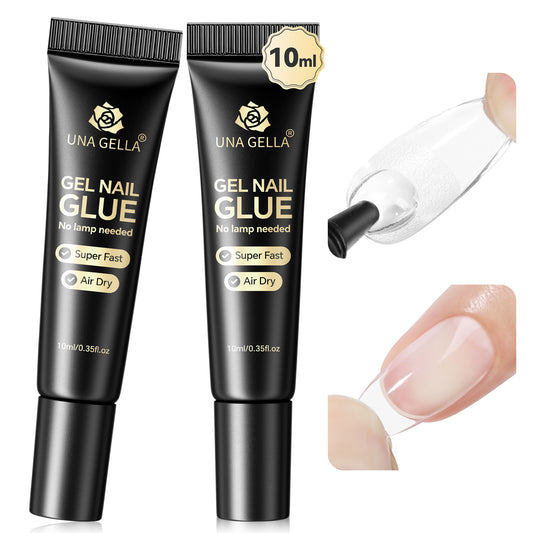 UNA GELLA ultra-strong nail adhesive gel in 10ml bottles, shown as a semi-solid nail glue for fast, secure press-on nail application.