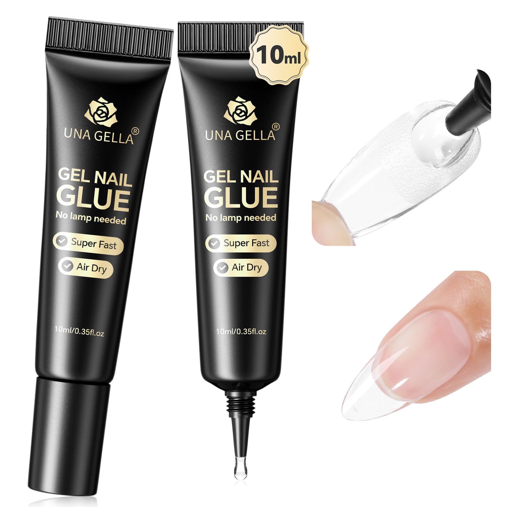 UNA GELLA ultra-strong nail adhesive gel in a 10ml twin pack, fast-drying air-dry gel for press-on nails, durable and reliable.