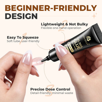 UNA GELLА ultra-strong nail adhesive gel in a 10ml pack, shown with the semi-solid nail reinforcement gel for fast-drying press-on nails.