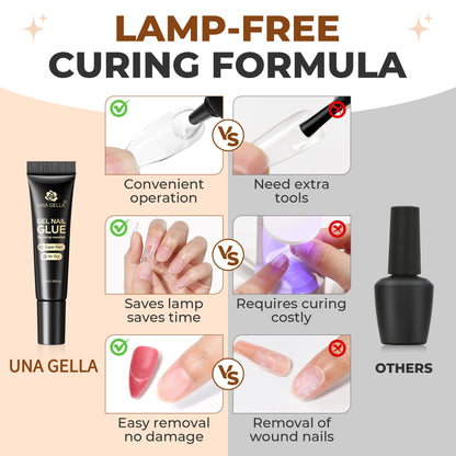 UNA GELLA ultra-strong gel nail adhesive 10ml pack for fast-drying, air-dry press-on nails, perfect for secure nail reinforcement.