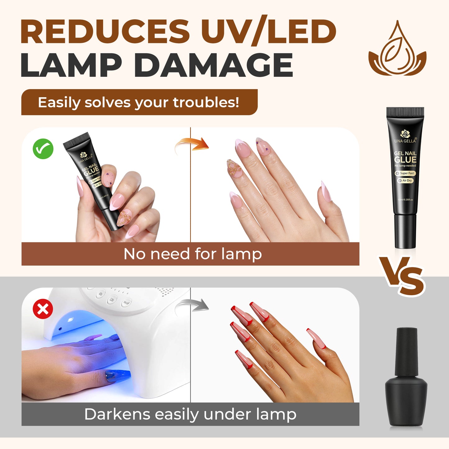 UNA GELLA ultra-strong nail adhesive gel in a 10ml double pack, ideal for fast-drying press-on nails and nail reinforcement.